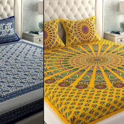 LA VERNE Yellow & Blue Floral 104 TC 2 Queen Bedsheet with 4 Pillow Covers-image-60