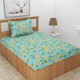 BREVARD Turquoise Blue & Yellow Floral 210 TC Single Bedsheet with 1 Pillow Covers-image-50