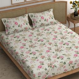 CHHAVI INDIA Pink & White Floral Polycotton 210 TC King Bedsheet & 2 Pillow Covers-picture-2