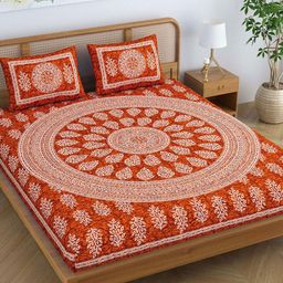 SheetKart Jaipuri Red & White Printed Cotton 144 TC Queen Bedsheet with 2 Pillow Covers-image-39