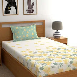 Dreamscape Beige & Yellow Floral 140 TC Single Bedsheet with 1 Pillow Covers-image-46
