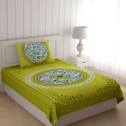 POORAK Green & Blue Floral Cotton 104 TC Single Bedsheet With 1 Pillow Cover-10