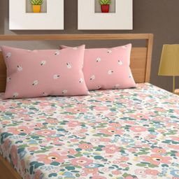 Bajo's White & Peach-Coloured Floral Cotton 350 TC King Bedsheet With 2 Pillow Covers-image-83