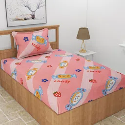 BREVARD Pink & White Printed 210 TC Single Bedsheet With 1 Pillow Cover-image-73