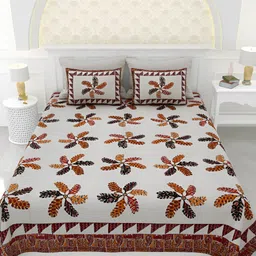 LIVING ROOTS White & Brown Ethnic Motifs 150 TC Cotton King Bedsheet with 2 Pillow Covers-image-45