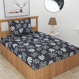 BREVARD Black & Blue Floral 210 TC Fitted Single Bedsheet with 1 Pillow Cover-image-57