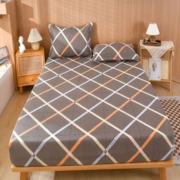 JC HOME Grey & Blue Geometric Fitted 150 TC King Bedsheet with 2 Pillow Covers-image-103