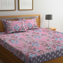 KLOTTHE Pink & White Printed 300 TC Fitted Super King Double Bedsheet With 2 Pillow Covers-image-64