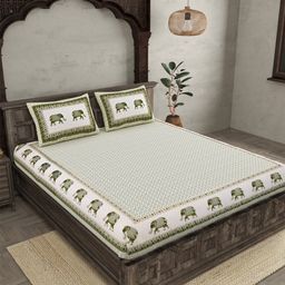 JAIPUR FABRIC White & Green Ethnic Motifs Cotton 210 TC Queen Bedsheet & 2 Pillow Covers-image-21