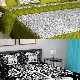 Runjhun Green & Black 2 Pcs 144 TC Cotton Queen Bedsheet with 4 Pillow Covers-4