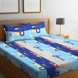 FABINALIV Blue & Grey Cartoon Characters 300 TC Fitted King Bedsheet With 2 Pillow Covers-24