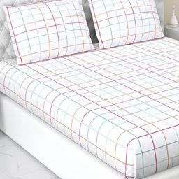 haus & kinder White & Pink Geometric Cotton 186 TC King Bedsheet With 2 Pillow Covers-image-65