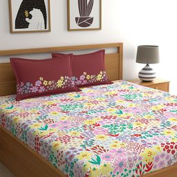 Home Ecstasy White & Red Floral 140 TC Fitted King Bedsheet with 2 Pillow Covers-image-42