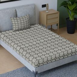 Aura Grey & White Ethnic Motifs Cotton 200 TC Single Bedsheet with Pillow Cover-picture-18
