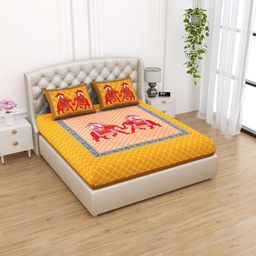 Aapno Rajasthan Yellow Ethnic Motifs 120 TC Cotton Queen Bedsheet With 2 Pillow Covers-image-13