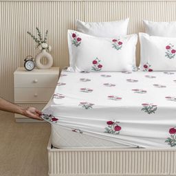 HOMEMONDE Red & White Floral 210 TC Queen Bedsheet with 2 Pillow Covers-image-53