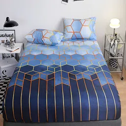 JC HOME Blue Geometric 140 TC Fitted King Bedsheet with 2 Pillow Covers-32