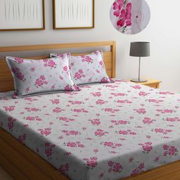 FABINALIV White & Pink Floral Printed Fitted 300 TC King Bedsheet With 2 Pillow Covers-4