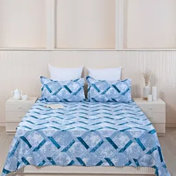HOMEMONDE Blue & White Geometric 210 TC Single Bedsheet with Pillow Cover-10