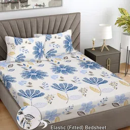 FABINALIV White & Blue Floral 300 TC King Bedsheet with 2 Pillow Covers-image-88