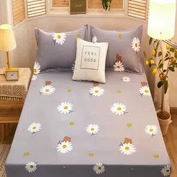 JC HOME Grey & White Floral 160 TC Fitted King Bedsheet With 2 Pillow Covers-picture-1