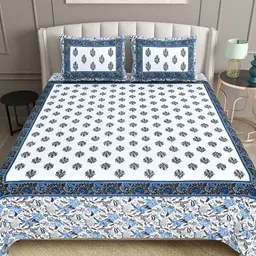 BELLA CASA Ethnic White & Blue Ethnic Motifs Cotton 180 TC King Bedsheet &2 Pillow Covers-picture-4