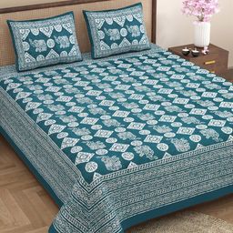 Varde Green & White Ethnic Motifs Cotton 210 TC King Bedsheet With 2 Pillow Covers-image-77