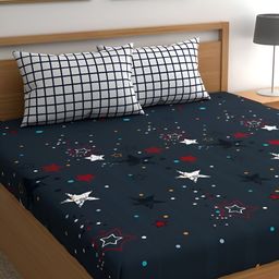 CHHAVI INDIA Blue & White Geometric Microfiber 210 TC King Bedsheet with 2 Pillow Covers-image-75