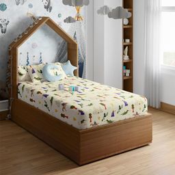PETAL HOME Cream & Green Printed Pure Cotton 200 TC Single Bedsheet With 1 Pillow Cover-image-50