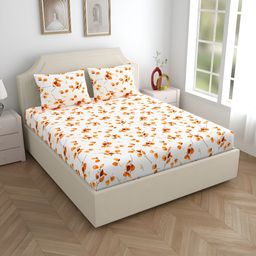 Home Ecstasy White & Orange Floral 140 TC Cotton Queen Bedsheet with 2 Pillow Covers-image-24