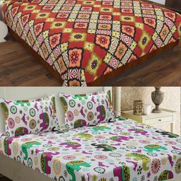 Aura White & Pink Geometric 144 TC 2 Queen Bedsheet with 4 Pillow Covers-image-55