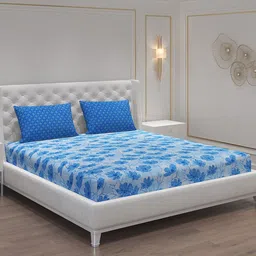 Moca By Monte Carlo Sferra Blue Floral Cotton 144 TC Queen Bedsheet with 2 Pillow Covers-image-46