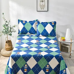 JC HOME Blue & White Geometric 160 TC Single Bedsheet With 1 Pillow Cover-image-44