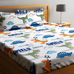 Home Sizzler White & Blue Cartoon Characters 210 TC Queen Bedsheet With 2 Pillow Covers-image-79