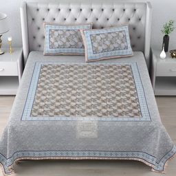 LIVING ROOTS Grey & Blue Floral 210 TC Cotton King Bedsheet with 2 Pillow Covers-image-67