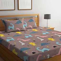 FABINALIV Brown & Yellow Conversational 300 TC King Bedsheet with 2 Pillow Covers-46