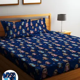 Home Sizzler Navy Blue Printed Microfiber 144 TC Fitted King Bedsheet & 2 Pillow Covers-image-77