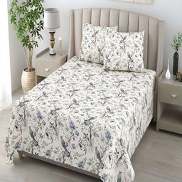 tundwal's Grey & Blue Floral Cotton 210 TC Queen Bedsheet with 2 Pillow Covers-picture-0