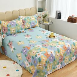 JC HOME Blue  Yellow Floral 200 TC Pure Cotton King Bedsheet with 2 Pillow Covers-image-77
