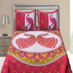 UNIQCHOICE Pink & Purple Printed Cotton 120 TC Queen Bedsheet With 2 Pillow Covers-image-31