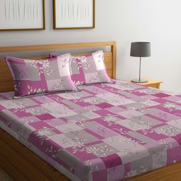 KLOTTHE Purple Floral-Printed 130GSM Pure-Cotton Fitted Double Bedsheet With Pillow Cover-image-70