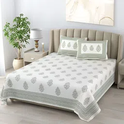 DE CAMA Green & White Ethnic Motifs 300 TC Cotton King Bedsheet With 2 Pillow Covers-image-8