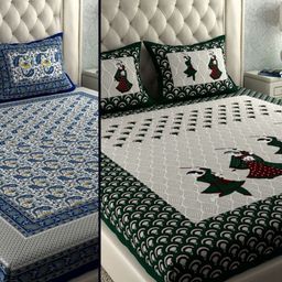 LA VERNE Blue & Black Ethnic Motifs 104 TC 2 Queen Bedsheet with 4 Pillow Covers-image-99