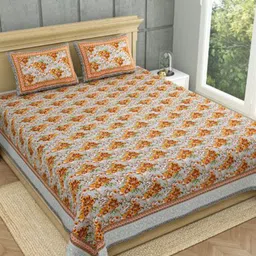 MAFATLAL Grey & Orange Ethnic Motifs 140 TC Pure Cotton King Bedsheet with 2 Pillow Covers-image-57