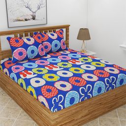 BREVARD Blue & Red Geometric 210 TC Queen Fitted Bedsheet with 2 Pillow Covers-9