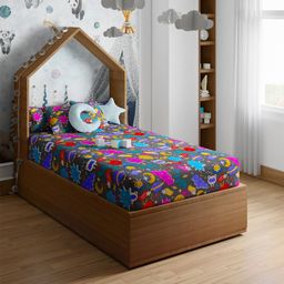 PETAL HOME Grey & Blue Printed Pure Cotton 200 TC Single Bedsheet With 1 Pillow Cover-image-76