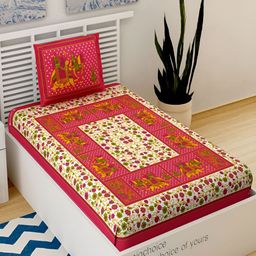 Aura Red & White Floral 120 TC Single Bedsheet With 2 Pillow Covers-image-93