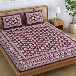 SheetKart Maroon & White Printed Cotton 120 TC Queen Bedsheet with 2 Pillow Covers-18