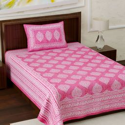 POORAK Pink & White Floral Cotton 104 TC Single Bedsheet with 1 Pillow Covers-picture-23