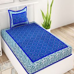 Aura Blue & White Floral Printed 120 TC Pure Cotton Single Bedsheet With Pillow Cover-image-11